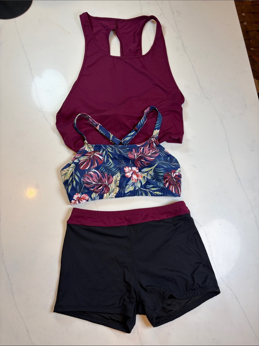 3-Piece swim Set - Burgundy Tank, Tropical Sports Bra, Black Shorts